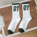 Men's mid-tube sports socks white cotton casual athletic socks with number 07 green cuff - One Size (Sizes 36-44) Individual Packaging / Color 2