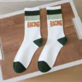 Men white green mid-tube sports socks, trendy cotton casual running athletic socks. - One Size (Sizes 36-44) Individual Packaging / Color 4
