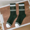 Green and white striped mid-tube athletic socks with letter M, cotton casual sport socks. - One Size (Sizes 36-44) Individual Packaging / Color 5