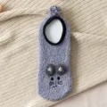 Grey fluffy coral fleece winter warm floor socks with cute animal ears and pompom. - One Size (EU 36-42) / Color 5