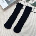 Black fuzzy coral fleece mid-tube socks, warm winter sleep socks for women cozy floor wear. - One Size / Straight / Black