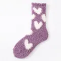 Purple fluffy cozy winter socks with cute white heart patterns and ruffle cuffs for warm home - One Size / Purple