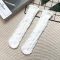 Fluffy white coral fleece warm winter mid tube socks for women cozy soft sleep floor socks - One Size / Straight / White