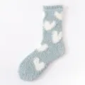 Fluffy coral fleece winter socks with cute white heart patterns, cozy and warm for home floor wear. - One Size / Lake Blue