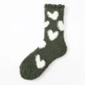 Green fuzzy fleece socks for women, winter warm thick sleeping socks with cute white heart patterns. - One Size / Dark Green