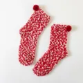 Calze invernali soffici rosse e bianche con pon pon, morbido pile corallo variante casa. - Taglia unica (misura 36-41) / Rosso Vivo