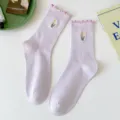 Light purple mid-tube socks with cute ruffle lace and delicate embroidered tulip flowers. - One Size (EU 36-42) / Purple (Embroidered)