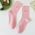 Women cute pink ruffled crew socks, spring summer cotton socks with sweet tulip embroidery. - One Size (EU 36-42) / Pink (Embroidered)