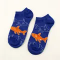 Blue cotton low cut boat socks featuring cute orange and white cartoon shark patterns for daily wear. - 71#