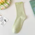 Light green ruffle mid-calf cotton socks, cute sweet spring summer casual hosiery - One Size (EU 36-42) / Green (Solid Color)