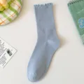 Light blue ribbed crew socks with cute lettuce edge for women, soft cotton summer socks. - One Size (EU 36-42) / Blue-Grey (Solid Color)