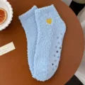 Fluffy coral fleece women socks cute heart embroidery winter warm floor sleeping socks - One Size / Sky Blue