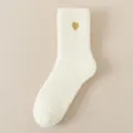 Fluffy coral fleece warm winter women mid tube socks with cute gold heart embroidery home. - One Size (EU 36-42) / Creamy White