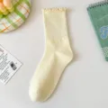 Yellow ruffle mid-tube cotton socks for women, sweet spring and summer breathable casual socks. - One Size (EU 36-42) / Yellow (Solid Color)