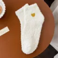 White fluffy coral fleece women socks with cute gold heart embroidery and anti-slip dot soles. - One Size / Milky White