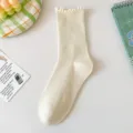 Women ruffle mid-calf cotton socks, sweet casual stacked socks for spring and summer daily wear beige - One Size (EU 36-42) / Pink (Solid Color)