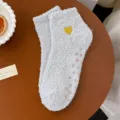 Cozy fuzzy coral fleece women socks with cute yellow heart embroidery and anti-slip grip sole. - One Size / Light Gray
