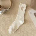 Calze a tubo a coste da donna con lettera C ricamata, calze lunghe casual in cotone comode. - Bianco Crema