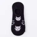 Black low-cut invisible short socks for women, cute cartoon cat face print, comfortable cotton. - One Size / No. S14