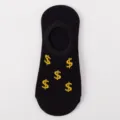 Calcetines invisibles negros de corte bajo para mujer con patrones de signos de dólar amarillos. - Talla única / N.º S35