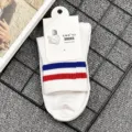 Calzini di cotone bianco per adolescenti con doppie strisce blu e rosse, comodi calzini sportivi scolastici. - Bianco con righe rosse e blu