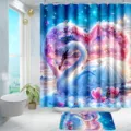 Detail shot of heart rose swan shower curtain set, watercolor floral print bathroom decor - Style 9 / 180x180cm