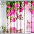 Close-up detail of the pink rose and butterfly pattern on the waterproof shower curtain. - Style 7 / 180x180cm