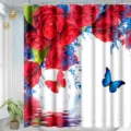 Waterproof fabric shower curtain with red roses and butterfly print for bathroom decor - Style 6 / 180x180cm