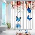 Waterproof fabric shower curtain and bath mat set featuring watercolor floral and blue butterfly patterns. - Style 5 / 180x180cm