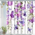 Waterproof fabric shower curtain with purple flowers and butterfly print for home bathroom decor. - Style 1 / 180x180cm