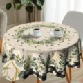 Waterproof round tablecloth with eucalyptus botanical pattern and buffalo plaid border decor. - 150cm / Style 1 (Eucalyptus)