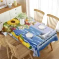 Waterproof rectangular floral tablecloth with vibrant spring sunflower and ocean lighthouse design. - Style 7