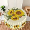 Detailed view of the round waterproof tablecloth with vibrant sunflower botanical illustration. - Style 5 (Grid Green Leaves)