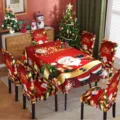 Mantel de Navidad y fundas para sillas set impermeable rojo decoracion de mesa festiva - Funda de Silla Individual / Modelo de Papá Noel saludando con regalo