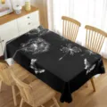 Waterproof rectangular black tablecloth with white dandelion butterfly print detail view. - 70x40cm / Dandelion Butterfly