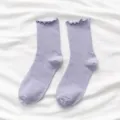 Light purple ruffle cuff mid-tube socks, solid color ribbed knit sweet style women socks. - One Size / Purple