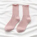 Cute pink ruffle trim crew socks, sweet Japanese style ribbed knit cotton daily fashion socks. - One Size / Pink