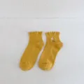 Yellow women socks with floral embroidery and lettuce edge cute design for daily wear. - One Size / Yellow