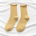 Solid yellow ruffle trim mid-tube socks, cute sweet style cotton casual stockings. - One Size / Yellow