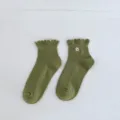 Green women's socks with cute flower embroidery and sweet ruffled edge, comfortable knit style. - One Size / Green