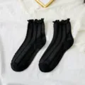 Black ruffle trim mid-tube socks, Japanese JK style Lolita cotton hosiery, variant style. - One Size / Black Ruffle Trim