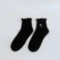 Black floral embroidered women socks with ruffle edge, cute Japanese style daily mid-tube hosiery. - One Size / Black