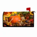 Close-up detail of autumn pumpkin and sunflower mailbox cover, festive outdoor yard decor. - Style 12