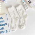 White mid-calf socks for women, cute Japanese vintage style lace knit crew socks spring summer. - One Size / Twisted