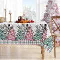 Mantel rectangular de Navidad con patrón de árbol festivo y borde a cuadros para fiestas. - Estilo 8