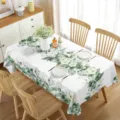 Waterproof rectangular tablecloth featuring elegant green leaves and white flowers for dining room. - Style 9