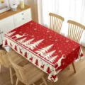 Tovaglia di Natale rossa con alberi bianchi e motivi di renne per una decorazione festiva. - 11