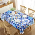 Mantel rectangular impermeable con diseño floral geométrico azul y amarillo para el comedor. - 70x40cm / 4