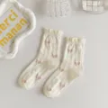 Chaussettes mi-mollet en dentelle blanche JK pour femmes, ete fin Lolita mignonnes en coton. - Taille unique / Nœuds Partout / Blanc