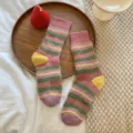 Cozy fluffy striped mid-calf socks for women, vintage color-block warm winter daily wear. - One Size / Pink